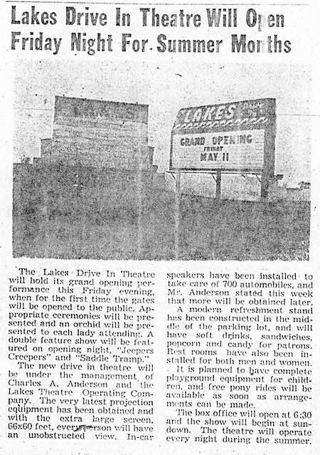 Lakes Drive-In Theatre - Opening Article 5-9-51 From Ron Gross (newer photo)